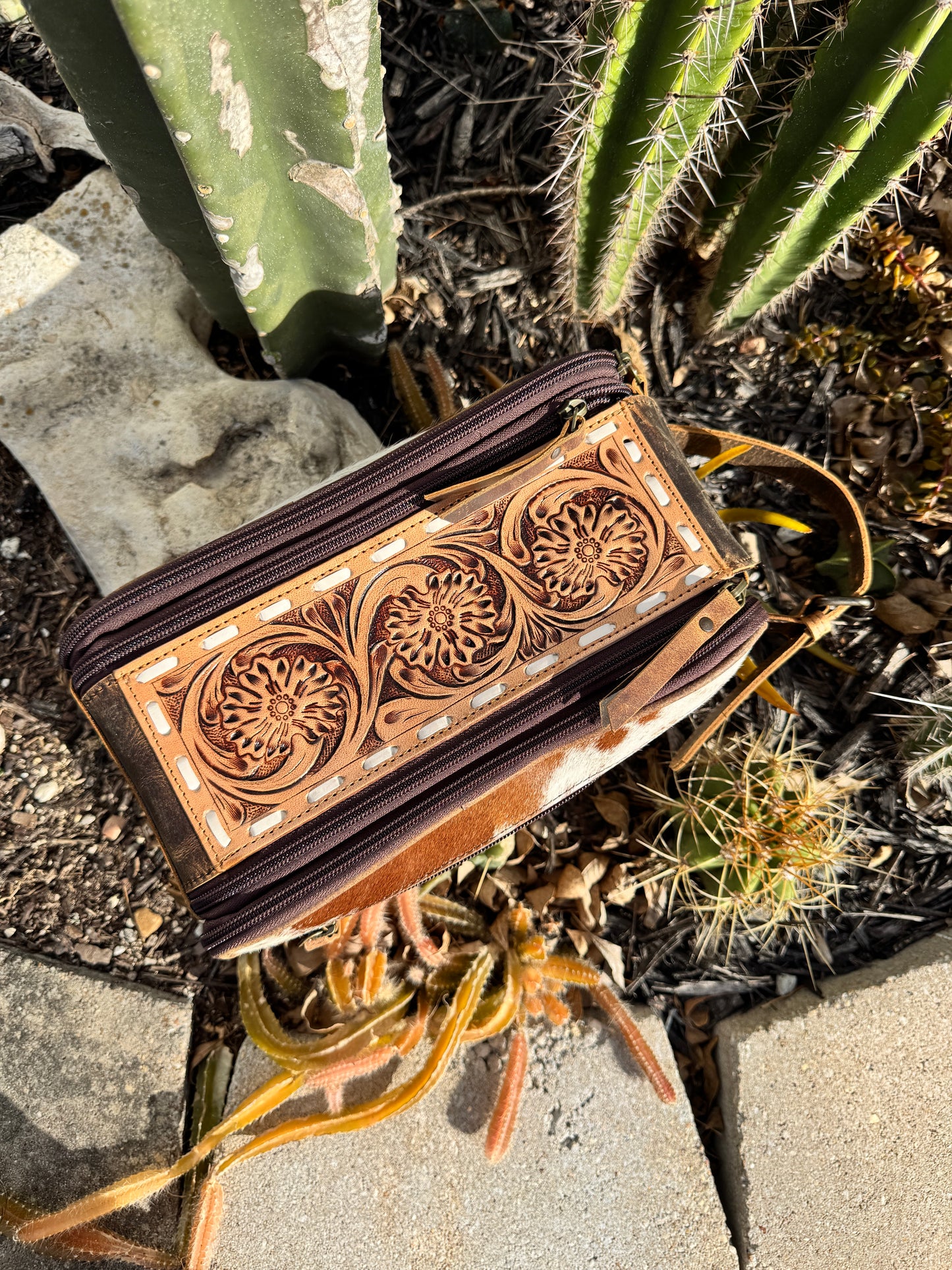 Large Tooled Cowhide Toiletry Bag