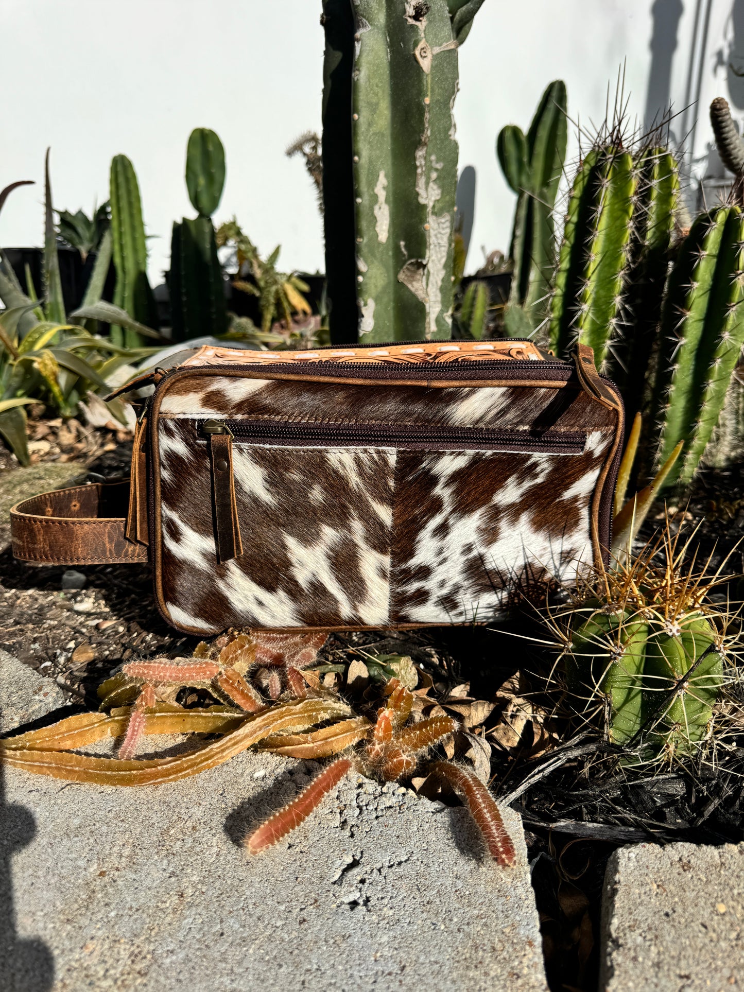 Large Tooled Cowhide Toiletry Bag