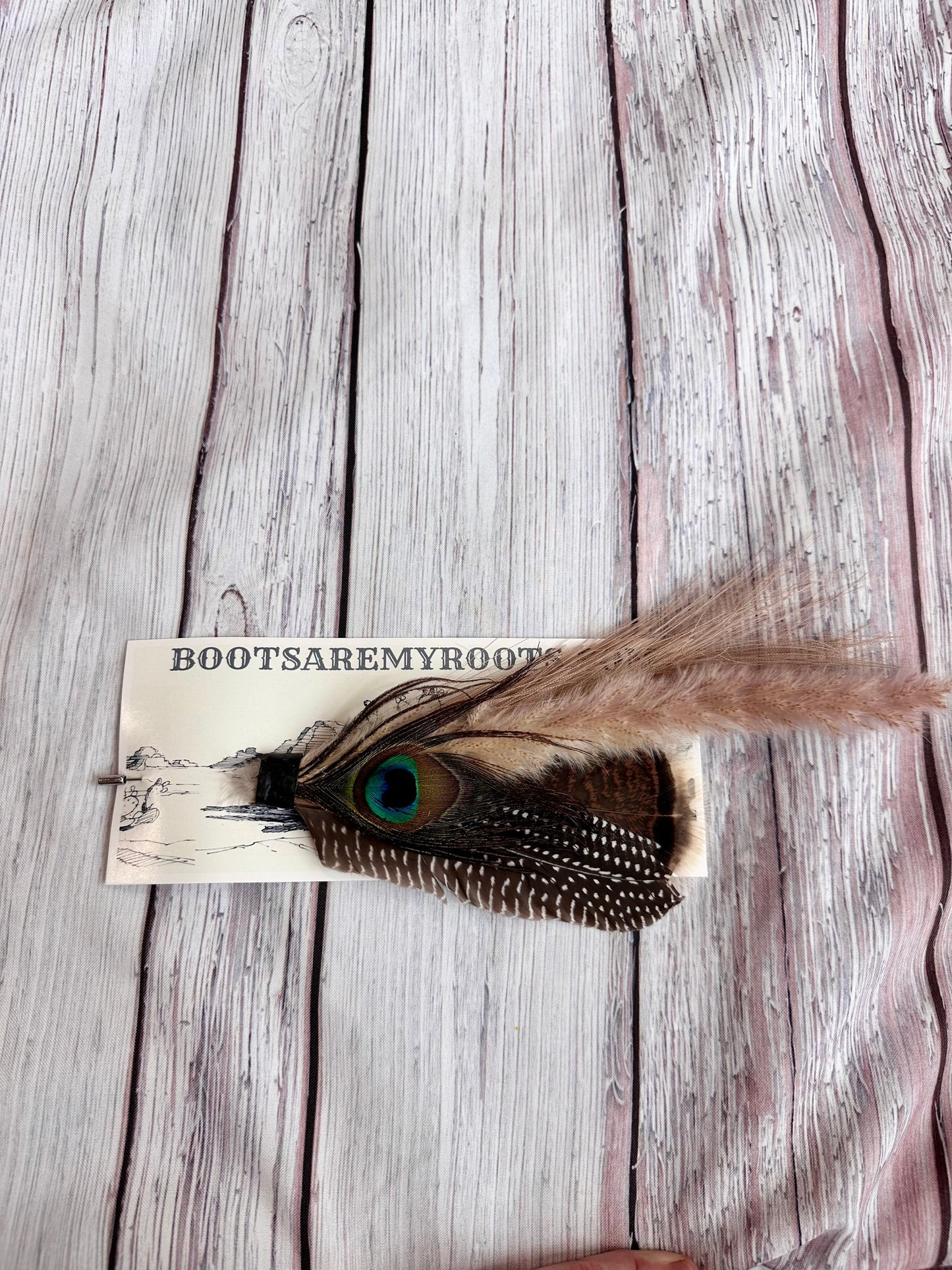 Guinea & Peacock Feather Hat Pin