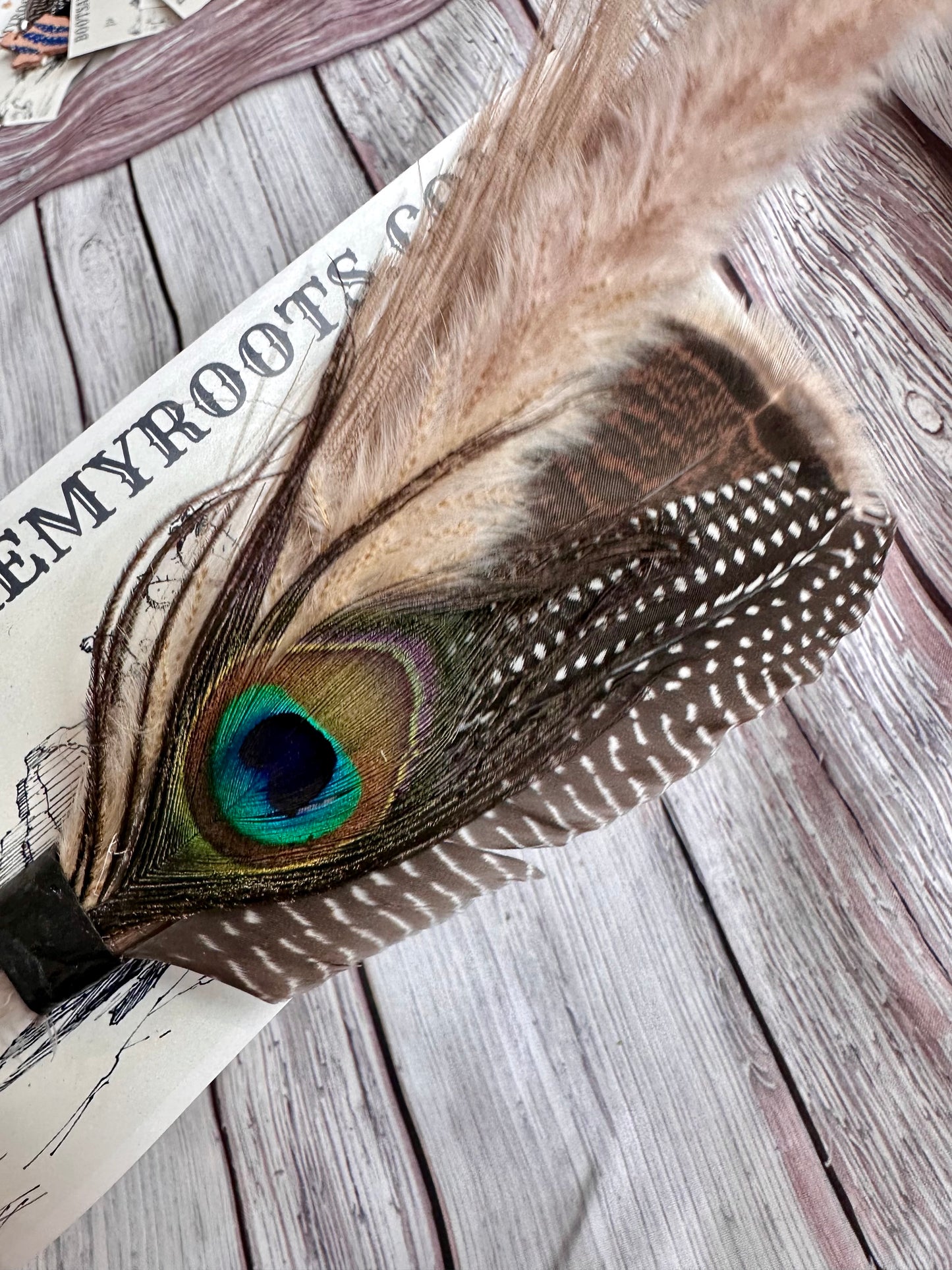 Guinea & Peacock Feather Hat Pin